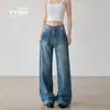 Jeans Reto de Cintura Alta Estilo Retrô Americano para Mulheres com Rebites de Padrão de Raio, Design High Street, Calças Wide Leg Largas e Emagrecedoras
