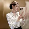 Camisa de Manga Larga con Cuello Polo y Parches de Encaje para Mujer, Estilo Casual, Moderna, Sencilla, Corte Holgado, Top de Diseño de Alta Gama
