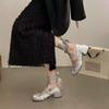 Sapatos Bailarina Mary Jane Versátil de Bico Redondo e Decote Baixo 2025 Novo Verão Francês Salto Grosso Delicado Sapatos Solteiros Franceses