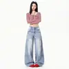 Primavera 2026 Nuevo Estilo Retro Americano Azul Lavado Diseño de Costura Lateral Jeans Tridimensionales para Mujer Pantalones Anchos Holgados