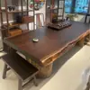 Mesa de Chá e Conjunto de Cadeiras em Madeira Maciça Ébano Placa Grande Mesa de Café em Madeira Maciça Sandália Preta Dourada Mesa de Chá de Escritório em Noz Preta Pronta para Venda