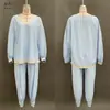 Moda Femenina Europea y Americana 2026 Nuevo Estilo Conjunto Holgado con Ribete de Encaje a Rayas Azules y Blancas Conjunto de Dos Piezas para Mujer Casual Manga Larga Pantalones de Pierna Ancha
