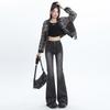 Jeans Acampanados Negros y Grises para Mujer en Primavera, Pantalones de Pierna de Caballo Adelgazantes de Cintura Alta, Pantalones Acampanados Elásticos de Borde Crudo para Primavera y Otoño