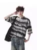 Camiseta de Verano para Hombre de Marca Trendy, Estilo Callejero Guapo para Pareja, Cuello en V Pequeño, Tie-Dye, Desgastada, Manga Corta, Rayas Retro Americanas, Manga Media