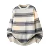 Suéter de punto para hombre, estilo americano, cuello redondo, bloques de color a rayas, manga larga, corte holgado, versátil, casual, moderno y elegante