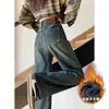 Jeans de Pierna Recta Forrados de Polar para Mujer Otoño e Invierno 2024 Nuevos Pantalones Sueltos de Cintura Alta Cortos Estrechos de Pierna Ancha para Mujer