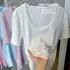 Camiseta de Manga Corta con Cuello Redondo Grande para Mujer, Top Versátil Casual, Top Sencillo y de Moda de Manga Corta Ajustado para Mujer, Verano