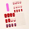 Uñas Cuadradas Rojas Estilo Francés Portátiles con Decoraciones de Flores Azules de Resina 3D y Cuentas de Acero, Parches Desmontables de Uñas Postizas