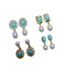 Pendientes de Imitación de Turquesa y Perla de Agua Dulce Natural Estilo Europeo y Americano Transfronterizos con Incrustaciones de Circonita y Diamante, Pendientes de Lujo de Gama Alta al por Mayor