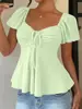 Nova T-shirt de Verão 2026 Amazon Tume Estilo Europeu e Americano Decote V Cordão Sexy Manga Curta Cor Sólida para Mulheres