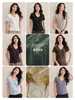 [Linho Tencel] Camiseta Feminina de Manga Curta Slim Fit com Gola V e Detalhe de Ovo de Ganso 26 Verão Fresca e Versátil Top de Liocel