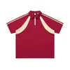 Camisa Polo de Algodón Puro Estilo Americano con Tres Rayas, Media Cremallera y Cuello Personalizado, Transpirable para Verano, Unisex, Estilo Universitario, Manga Corta, Corte Holgado