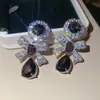 Brincos de Pedra Roxa do Uruguai com Laço e Gota d'Água, Brincos de Zircônia de Luxo Leve de Alta Qualidade, Brincos Modernos Versáteis para Mulheres