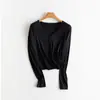 Especial Fuera de TemporadaContiene 6% de seda de morera~Camiseta de manga larga con cuello en V, cómoda y suave como una nube, para mujer, top versátil de color liso para otoño