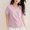 Camiseta de Manga Corta con Cuello en V para Mujer, Algodón de Fibra Larga 80% Algodón Mercerizado, Blanca, Primavera/Verano, Escote Corazón de Alta Gama, Nuevo Estilo 2026, Hombro de Corte Regular