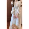 Vestido de renda que afina a cintura, novo produto de outono, estilo suave e elegante, vestido longo, poliéster, caimento justo