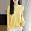 Suéter de Punto de Lana Pura con Cuello Alto y Mangas Largas con Puños de Ganchillo Huecos para Mujer, Nuevo Invierno 2026