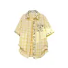 Camisa Unisex de Manga Corta con Estampado Dopamina Japonés y Bloques de Color Patchwork Verano Estilo Hong Kong Popular para Jóvenes