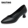 Zapatos Planos Cómodos y No Cansan Pies Zapatos Individuales Negros de Tacón Medio Tacón Grueso Tacón Bajo Zapatos de Piel Zapatos de Trabajo Herramienta de Trabajo Profesional para Mujer