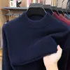 Suéter de punto para hombre con cuello alto medio de mezcla de lana para comercio transfronterizo, engrosado y cálido para otoño e invierno, tejido base de color liso para hombre