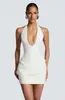 Vestido Mini Bodycon de Cuello Halter Profundo Estilo Ins Europeo Color Sólido Temperamento de Gama Alta Elegante Espalda Descubierta Sexy