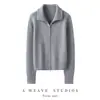 Suéter de Cashmere Feminino 100% Cashmere Puro Cardigã Tricotado com Gola Reversível Zíper Duplo Cor Sólida Listrado Solto Top