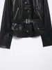 Otoño e Invierno Nuevo Chaqueta de Moda Negra de Poliuretano con Cuello Alto y Cinturón para Mujer + Pantalones de Campana de Imitación de Cuero de Cintura Alta Transfronterizos Europeos y Americanos