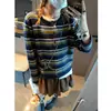 Suéter Cardigan de Punto Mochie Holgado Estilo Festivo Bloque de Color Rayas Dobladillo Enrollado Cuello Redondo MQ1977