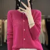 Cardigã de gola redonda com detalhes vazados 100% lã, versátil, rejuvenescedor, emagrecedor, estilo coreano, simples, cor sólida, jaqueta de tricô slim fit para mulheres