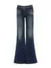 YECHUAN # Calça jeans flare de cintura baixa para mulheres, estilo retrô americano de outono, corte justo, calça boca de sino azul escuro para garotas petites e estilosas