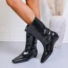 Bico Fino Quadrado Versátil Outono e Inverno Elegante 2025 Botas Curtas que Aumentam a Altura para Mulheres Botas de Couro Patente Retrô de Cano Médio Preto