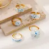 Anel Pintura Esmalte Vintage Padrão Azul e Branco Óleo para Mulheres, Novo Estilo Chinês Aberto Moda Personalidade Irregular Anel Transfronteiriço