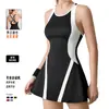 Ropa de Yoga Transfronteriza Estilo Nuevo Bloqueo de Color Tirantes Cruzados Vestido Deportivo Falda de Tenis de Verano para Mujer Mono Adelgazante de Cintura Alta