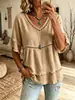 Camiseta de punto calado con cuello en V para mujer, camiseta de manga corta de encaje con flecos suelta de verano, top casual, ropa casual de verano europea y americana