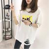 Camiseta de verano D140 de manga corta para mujer, nueva camiseta blanca holgada de manga corta con rotos de estilo coreano, camiseta de mujer de largo medio