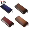 Carteira Masculina Japonesa de Couro Genuíno com Zíper Longo, Cor Spray Antiga, Tecido Vintage Chancai, Carteira Tipo Sanfona Gradiente Japonesa para Homens