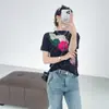Camiseta de Manga Corta Redonda Estilo Miyake Estéreo Pintura al Óleo Floral Pleats de Alta Elasticidad Anti-Arrugas Corte Delgado Top Versátil para Mujer
