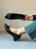 Sapatos Femininos de Couro Macio com Bico Baixo em Estoque, Sapatos de Salto Baixo Estilo Francês, Sapatos Mary Jane com Laço para o Dia a Dia, Sapatos Femininos Pretos para a Noite