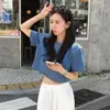 Ins Coreia Dongdaemun Moda High-End Retrô Azul Denim Manga Curta Confortável Versátil Top Jeans para Mulheres
