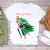 Camiseta feminina branca de manga curta com estampa de alce e estampa de natal, Shopee internacional, AliExpress, Camisa básica internacional