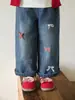 Calça jeans infantil Wulibu, novo estilo outono para crianças, calça reta solta com laço, calça casual da moda para meninas