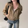 Corea del Sur Elegante Otoño Cuello Francés Retro Cremallera Gamuza Holgada Versátil Chaqueta Corta Abrigo Mujer