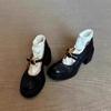 Sapatos Femininos Pequenos de Couro com Solado Grosso e Bico Redondo Estilo Retro Francês 2026 Outono e Inverno Novo Estilo Britânico com Abertura Rasa Salto Grosso Salto Alto Sapatos Mary Jane