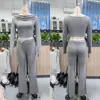 Conjunto de Primavera para Mujer Transfronterizo Europeo y Americano, Nuevo, Color Sólido, Hombros Descubiertos, Manga Larga, Fruncido, Top Corto Camiseta y Pantalones para Mujer