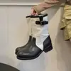 Botines Retro Botas de Moda para Mujer Media Caña Ropa de Trabajo Tacón Grueso Bloque de Color Nuevo 2026 Plisado Estilo Británico Doc Martens Occidental