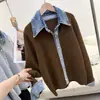 Camisa de Mezclilla para Mujer Otoño/Invierno Estilo Coreano Cuello Camisero Patchwork Cardigan de Punto Falso de Dos Piezas Chaqueta 13257