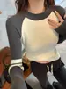 Suéter de Tricô Gola Redonda Feminino 2026 Outono/Inverno Novo Estilo, Suéter Básico Raglan Color Block, Top de Manga Longa Slim Fit para Primavera e Outono