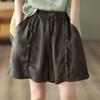 Shorts de Algodão e Linho Gongyu Weng Feminino Verão Novo Retro Indústria Pesada Borda de Orelha Cadarço Solto Casual Pernas Largas