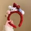 Tiara de Pelúcia Fofa de Gatinho com Laço Vermelho para Mulheres Outono e Inverno Faixa para Lavar o Rosto Headwear de Natal e Ano Novo