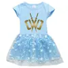 Nuevo Vestido de Niña Transfronterizo 2023 Algodón Estampado 3D Dibujos Animados Estrella Luna Malla Manga Corta Vestido de Princesa